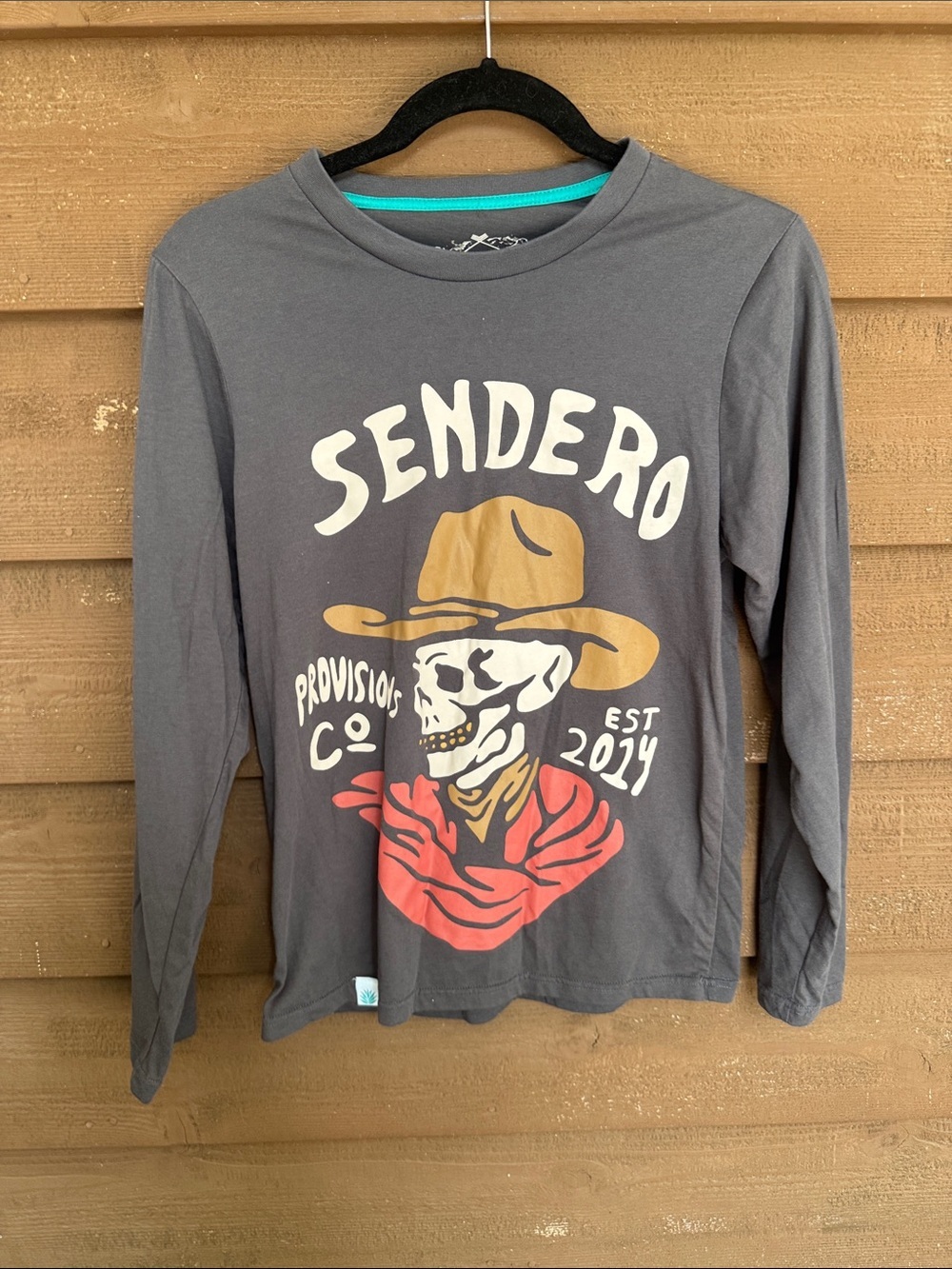 Sendero Cowboy Skeleton Graphic Long-Sleeve Tee in Charcoal with Red Accent